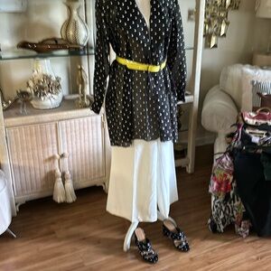 White wide legs pants black polka dot see through jacket